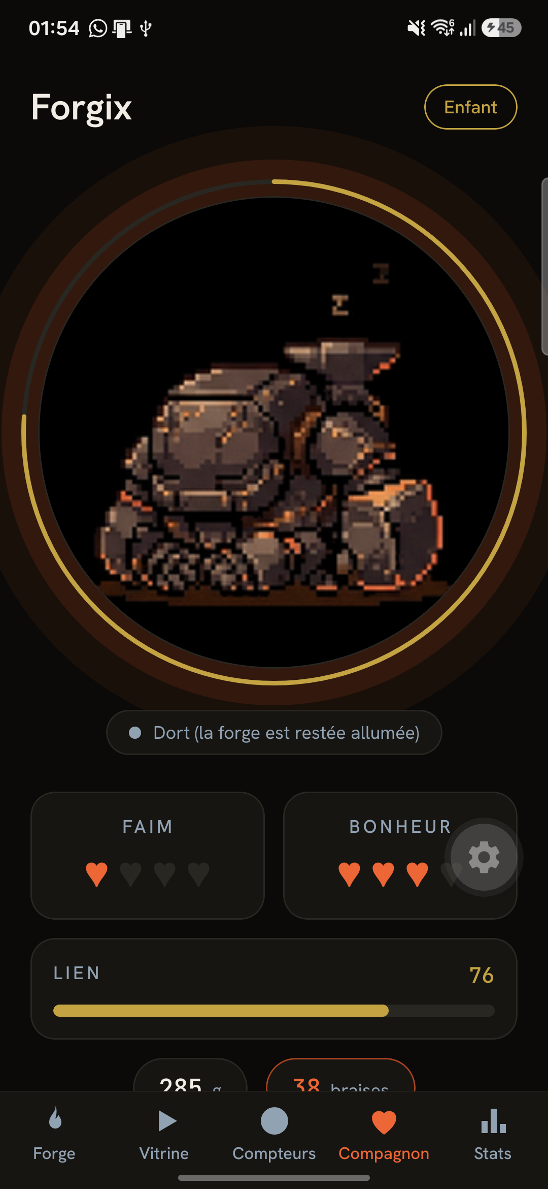 Onglet Compagnon de l'app : Forgix avec ses jauges de faim, bonheur et lien