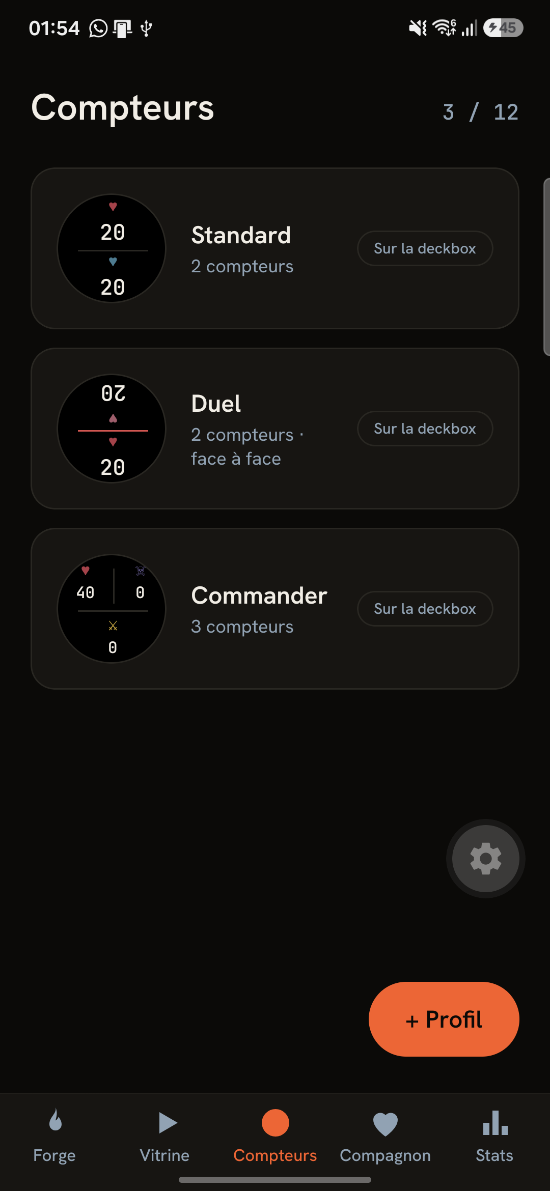 Onglet Compteurs de l'app : profils par jeu